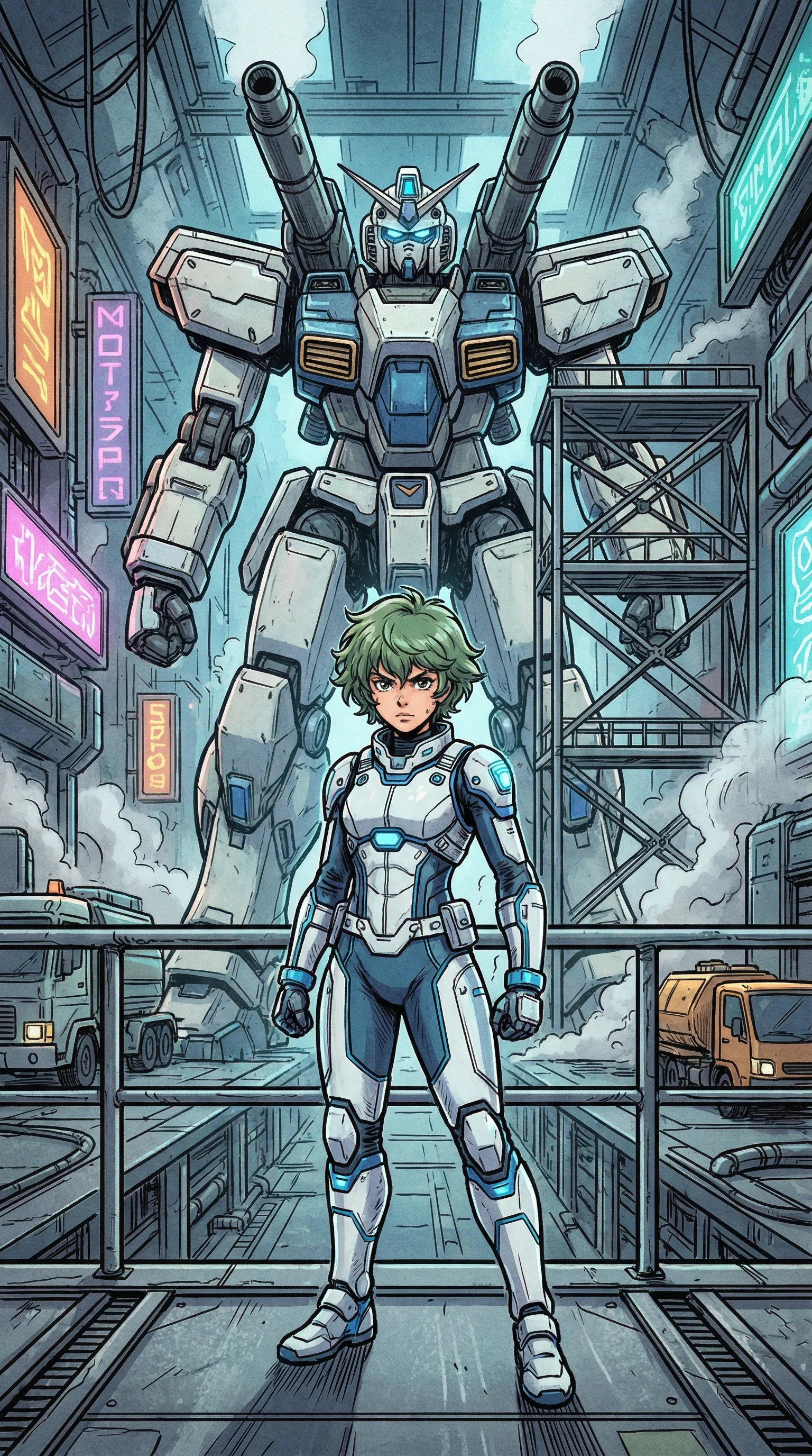 机甲战纪漫画封面绿发少年机甲驾驶员科幻机库